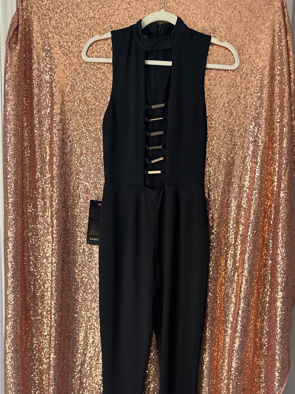 bebe Black Sleeveless Strappy Open Front Jumpsuit